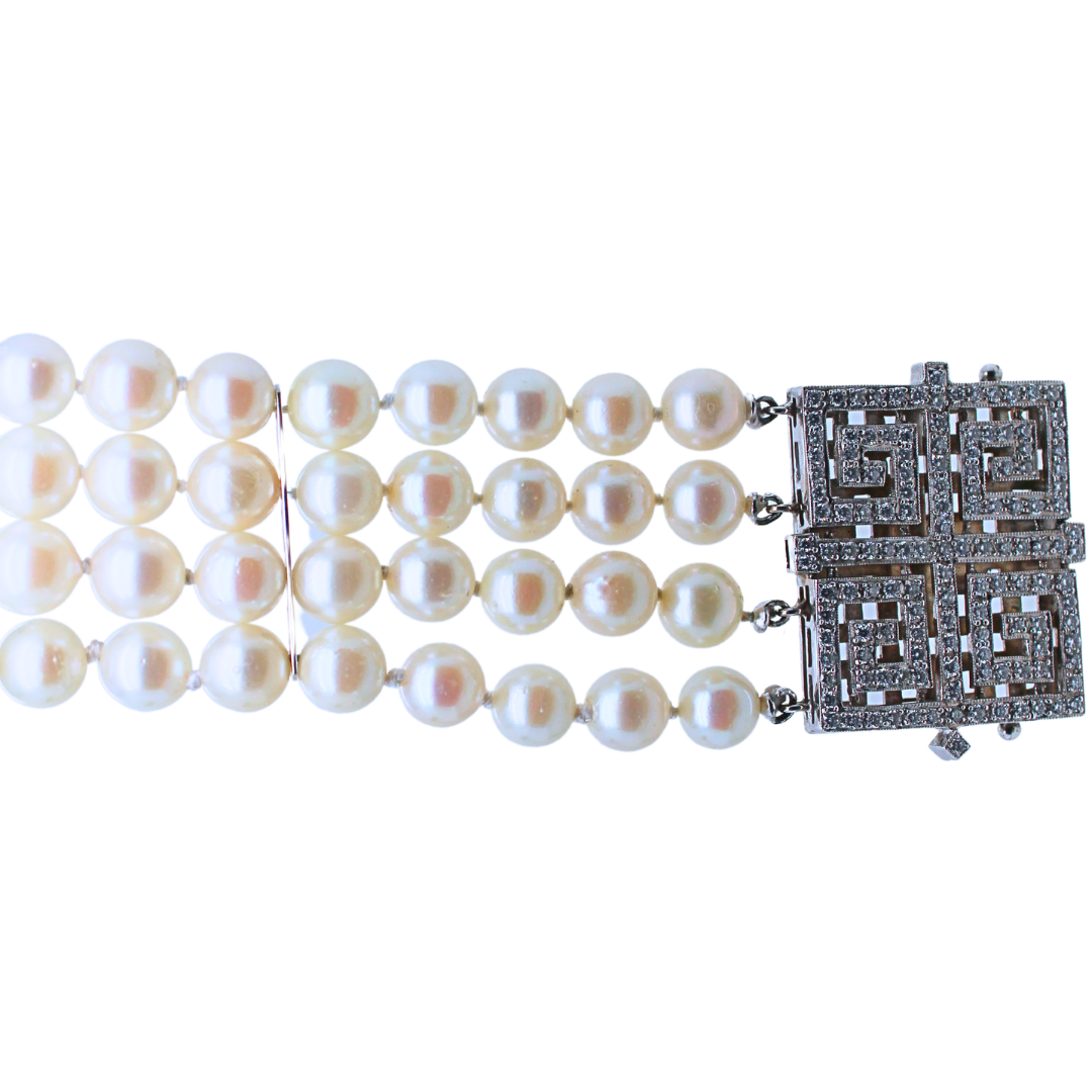 18k White Gold, Diamond & 4 Strand Pearl Bracelet 2.75 Cts.