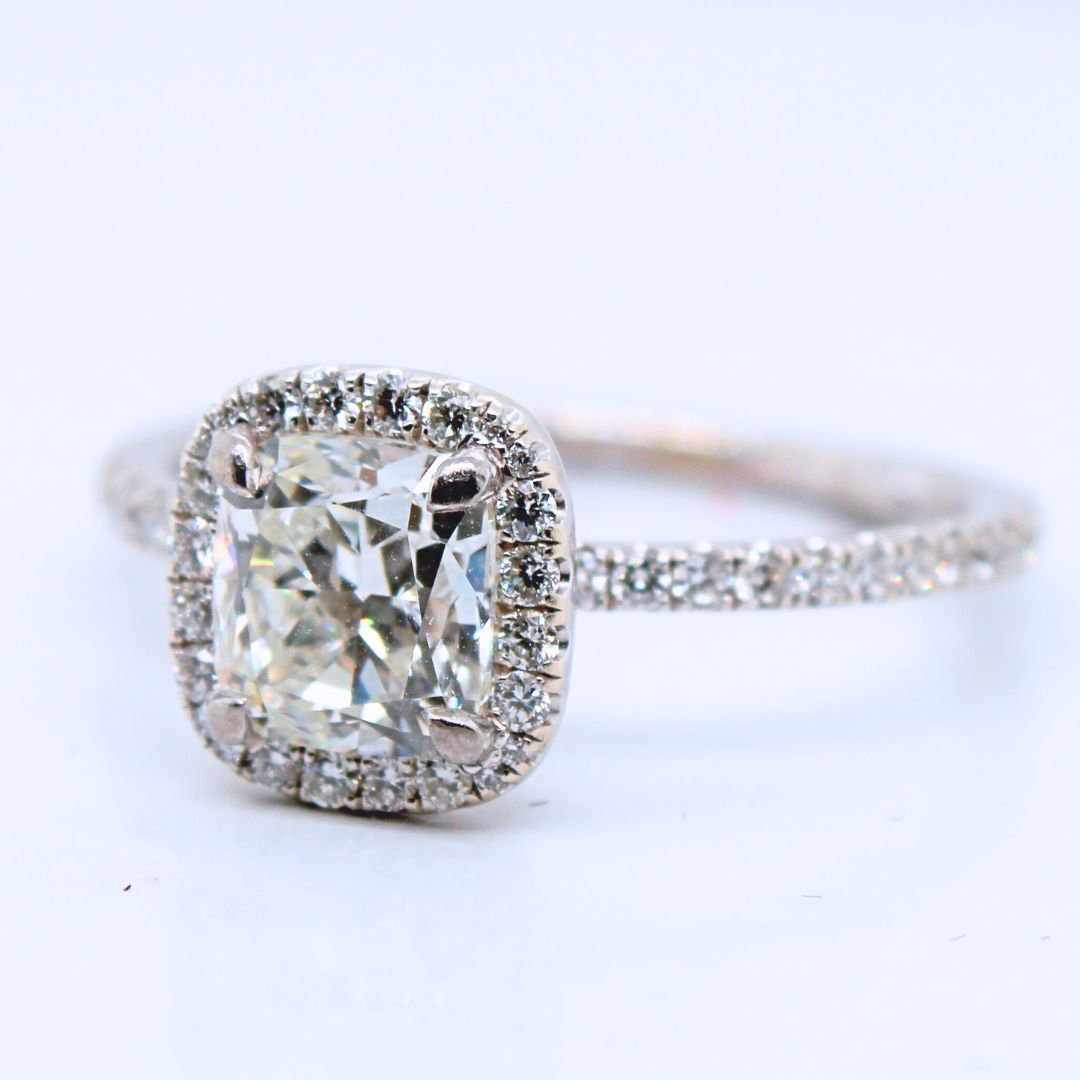 14k White Gold Cushion and Diamond Engagement Ring 1.71CTW with GIA