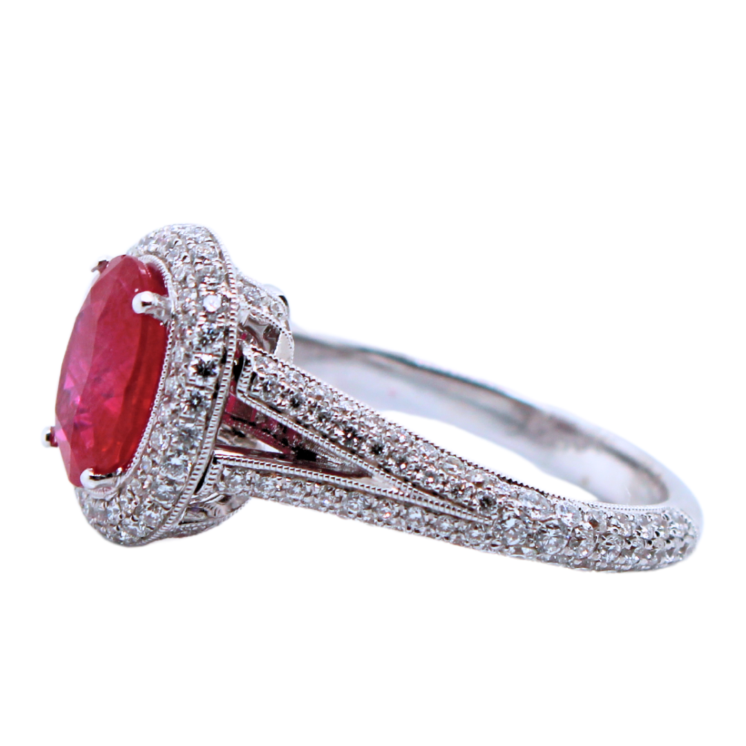 18K White Gold Burma Ruby and Diamond Ring 3.39CTW with GIA