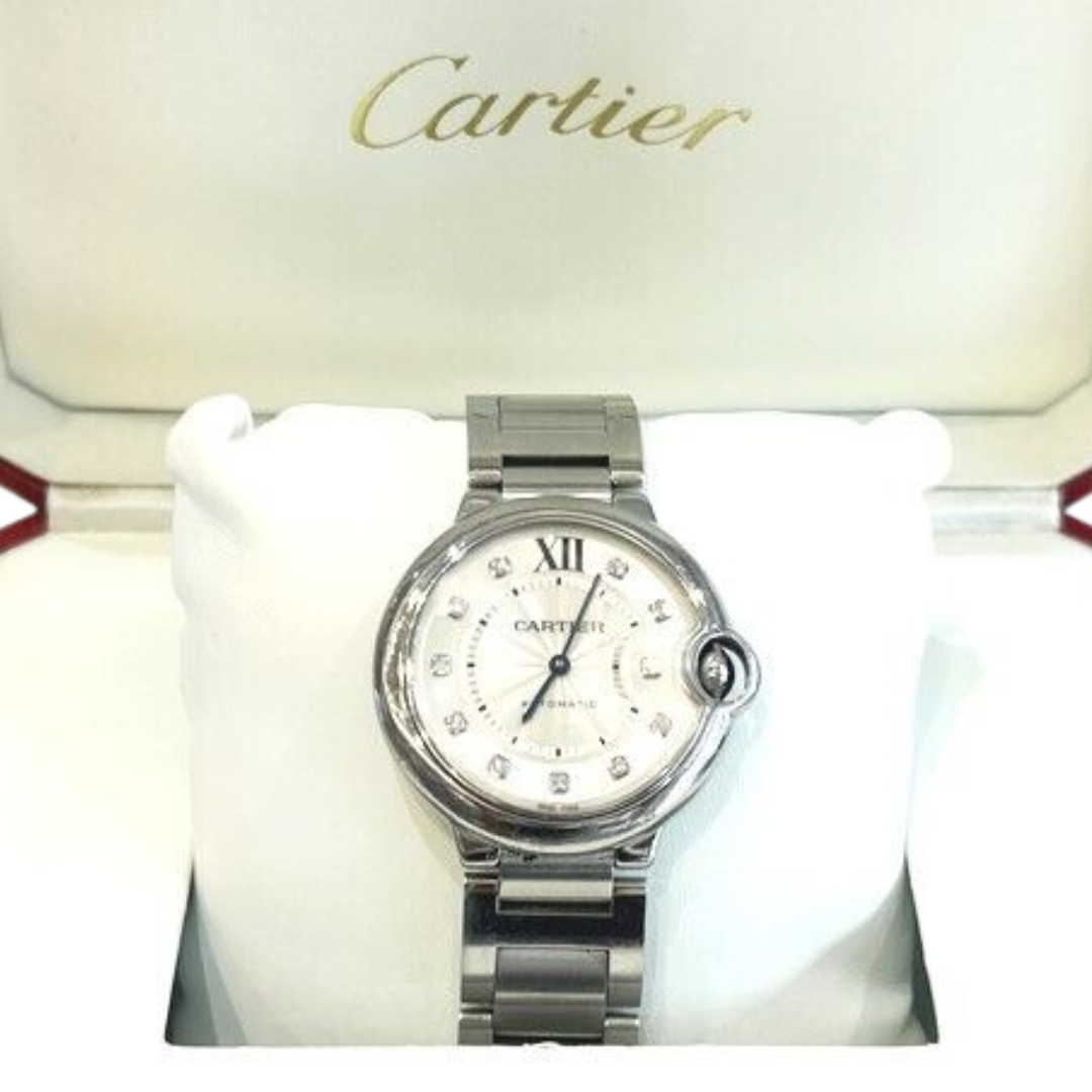Cartier Ballon Bleu Stainless Steel Diamond Dial 36MM Watch 3284 Box & Papers