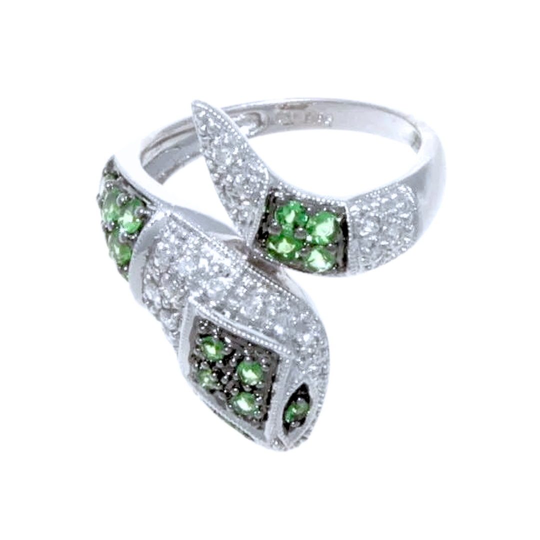 14k White Gold, Diamond & Tsavorite Snake Serpant Ring 0.75 cts.