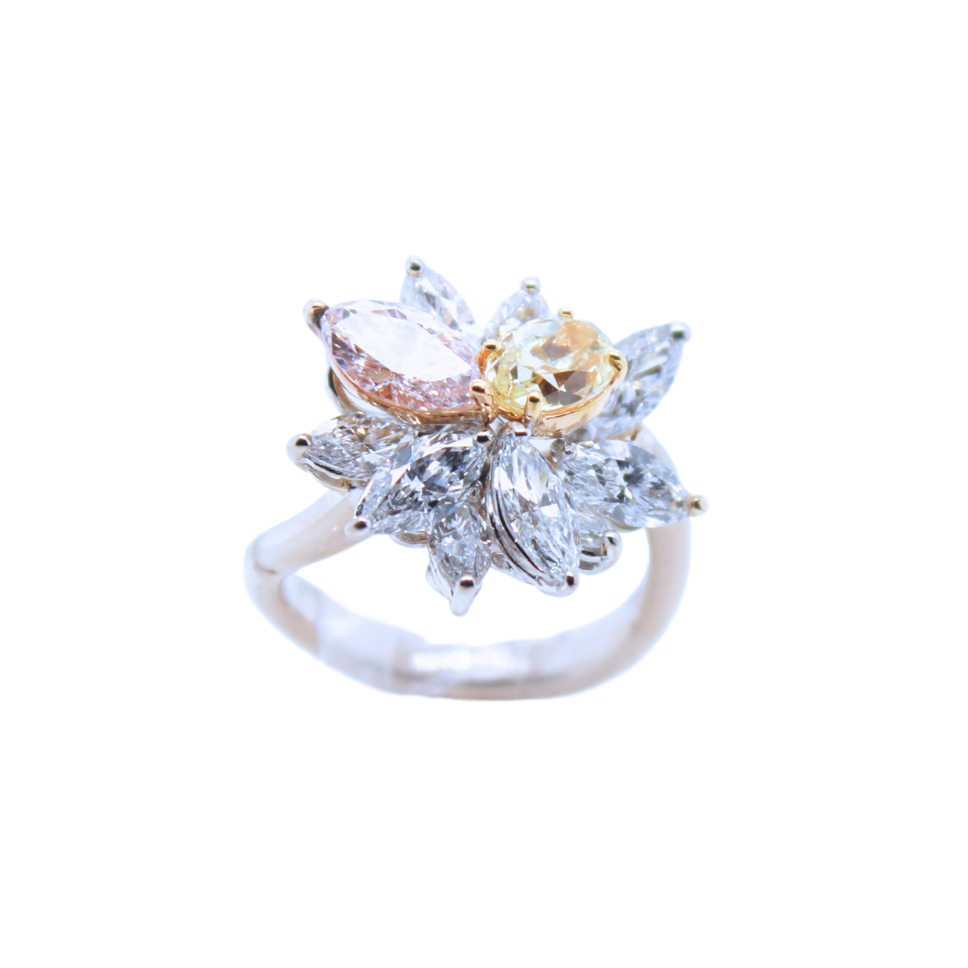 Gia Certified 18k White Gold Pink Diamond, Yellow Diamond and Marquise Diamond Cluster Ring Shape and Cutting Style: Marquise Brilliant