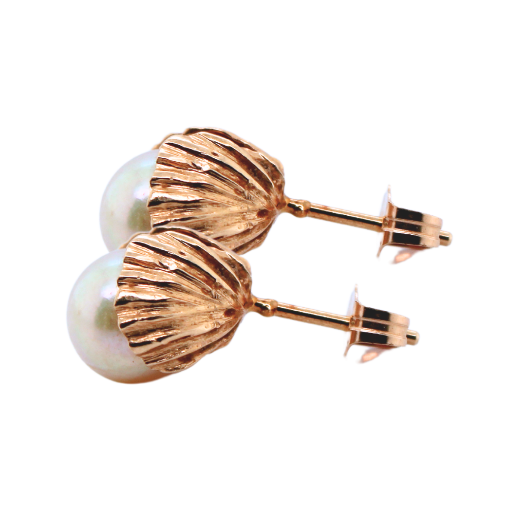 14k Yellow Gold Sea Shell and Pearl Stud Earrings