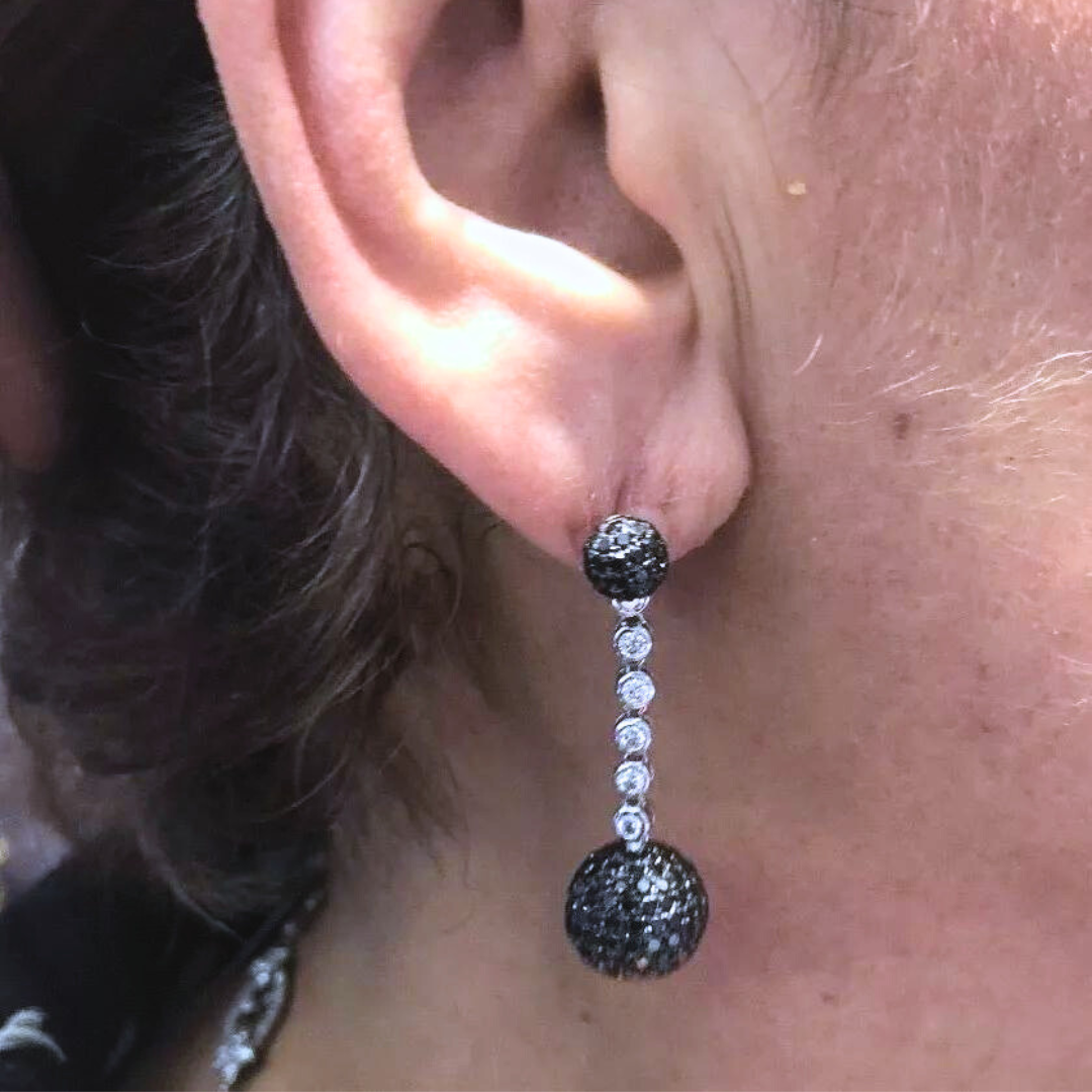 18K White Gold, Black & White Diamond Drop Earrings 7.10 Cts.