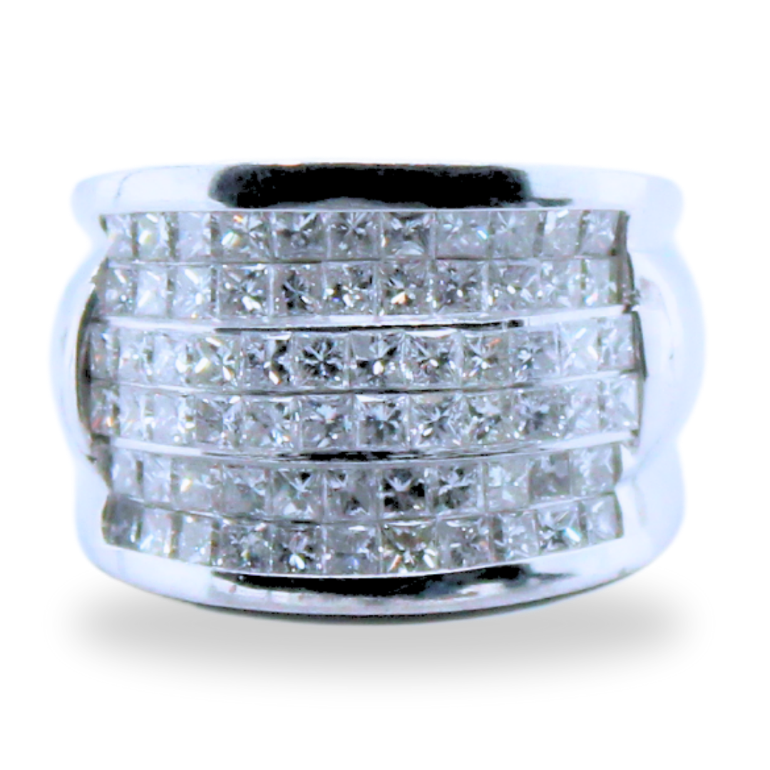 6 Row Princess Invisible Diamond Ring 4.5Cts