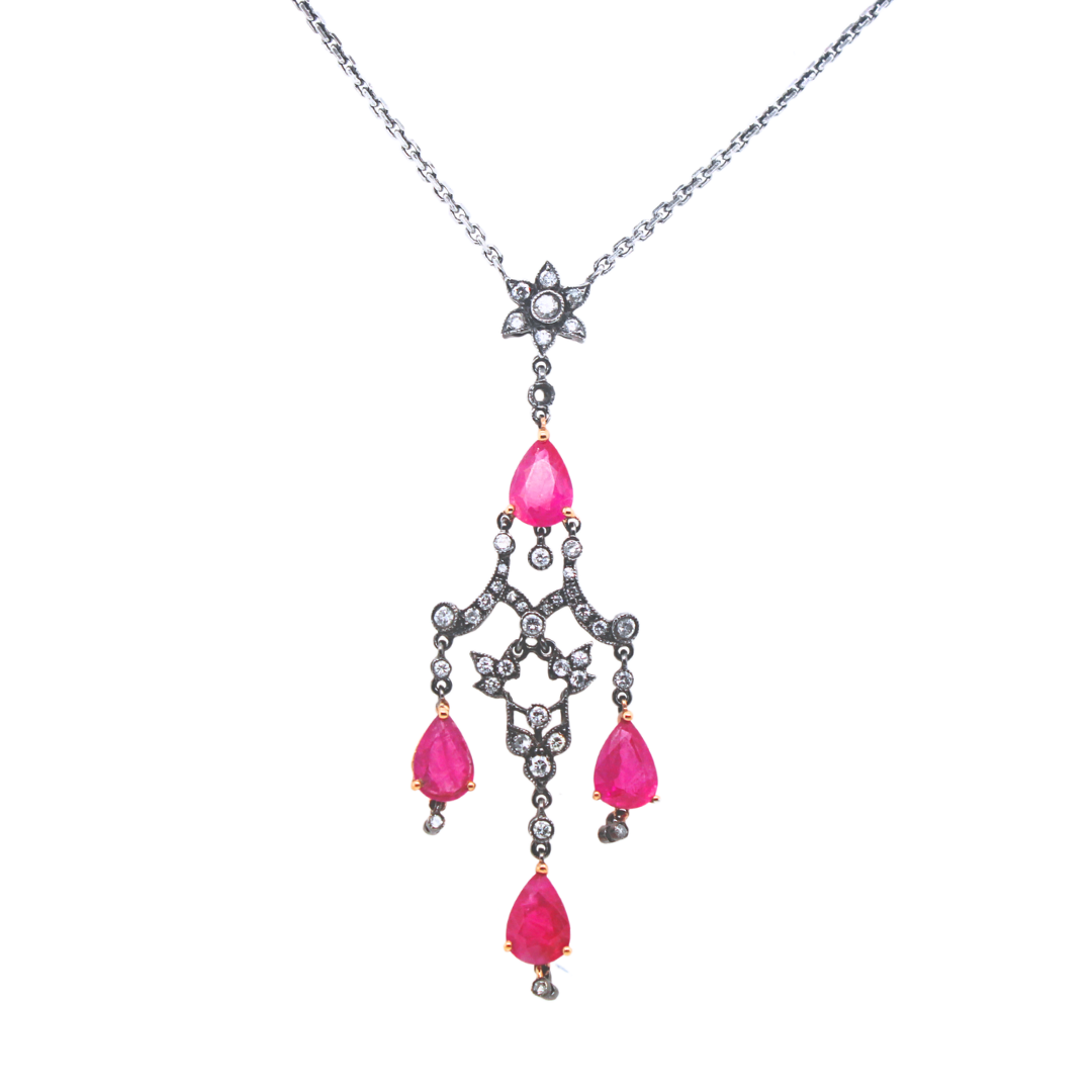 3.40 ctw. Diamonds 4 Red Rubies 18K Gold Black Rhodium 6.9 g 16' inch Necklace