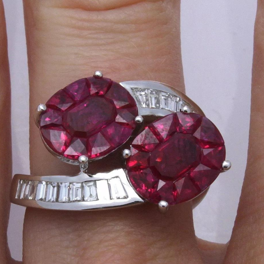 4.54 ctw. Diamonds Red Rubies 18k White Gold Ring Size 7 5.8 gram