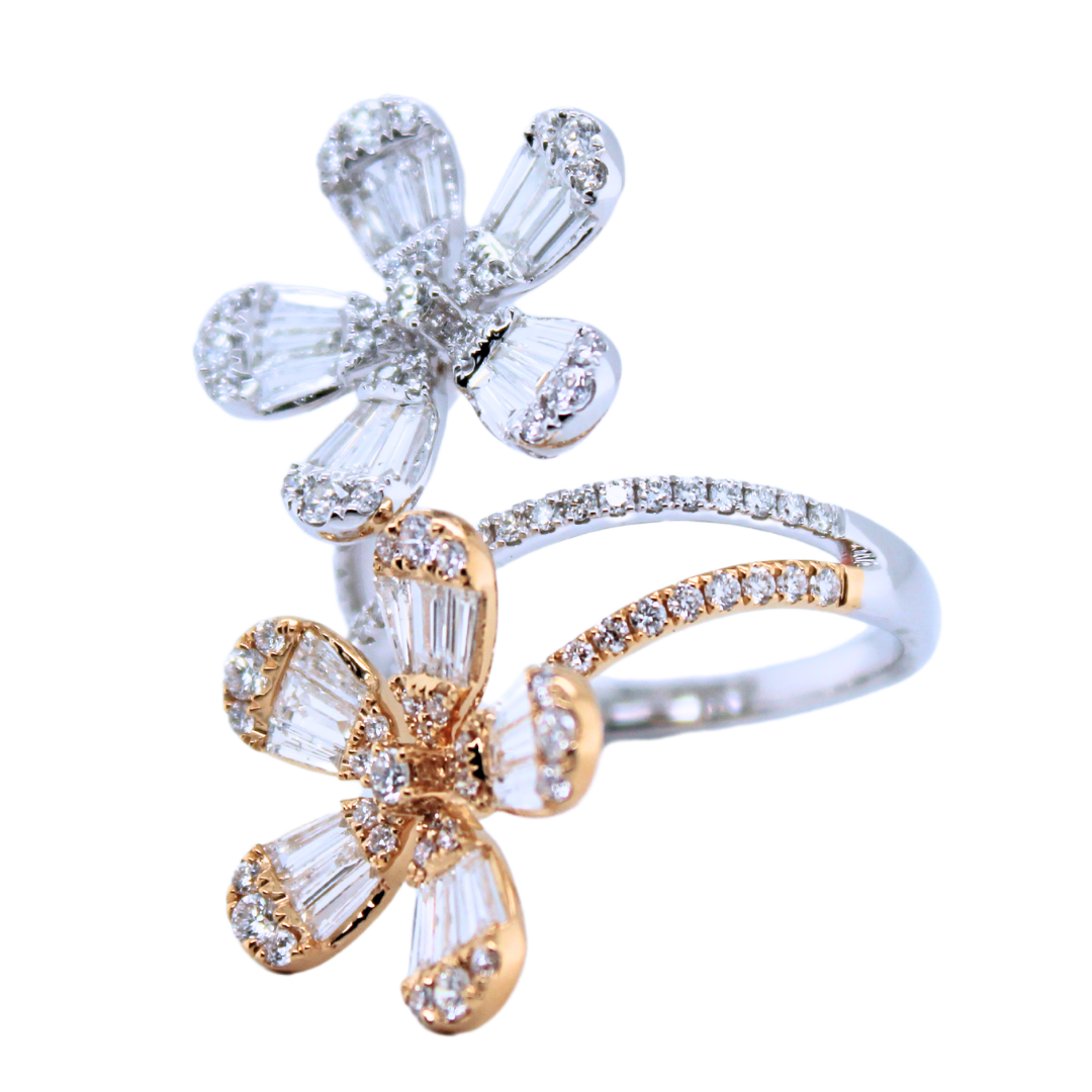 18K WHITE & YELLOW GOLD TWIN FLOWER RING 1.84CTS