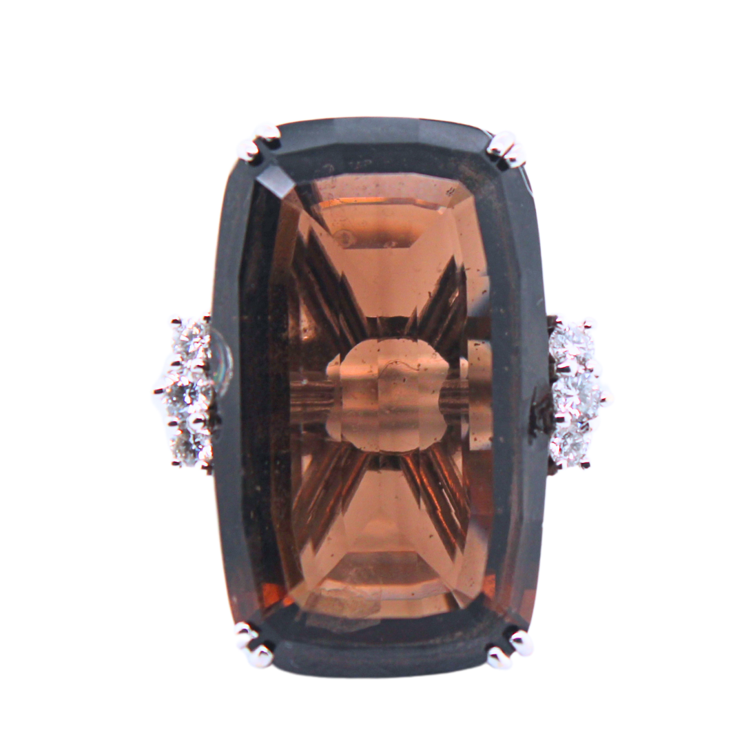 18k White Gold Smoky Topaz Quartz and Diamond Ring 0.20Cts
