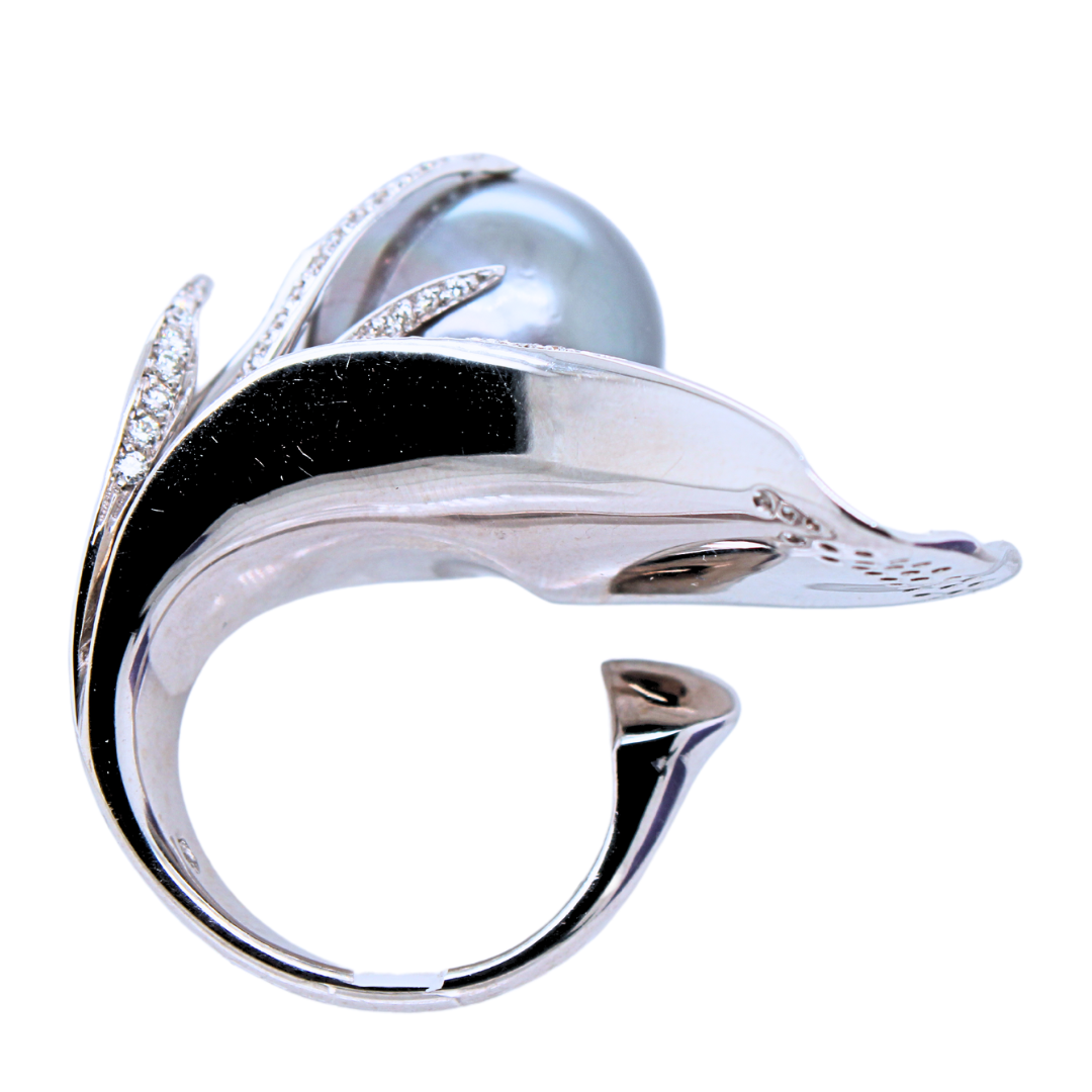 18K White Gold Tahitian Pearl and Diamond Ring 2CTW