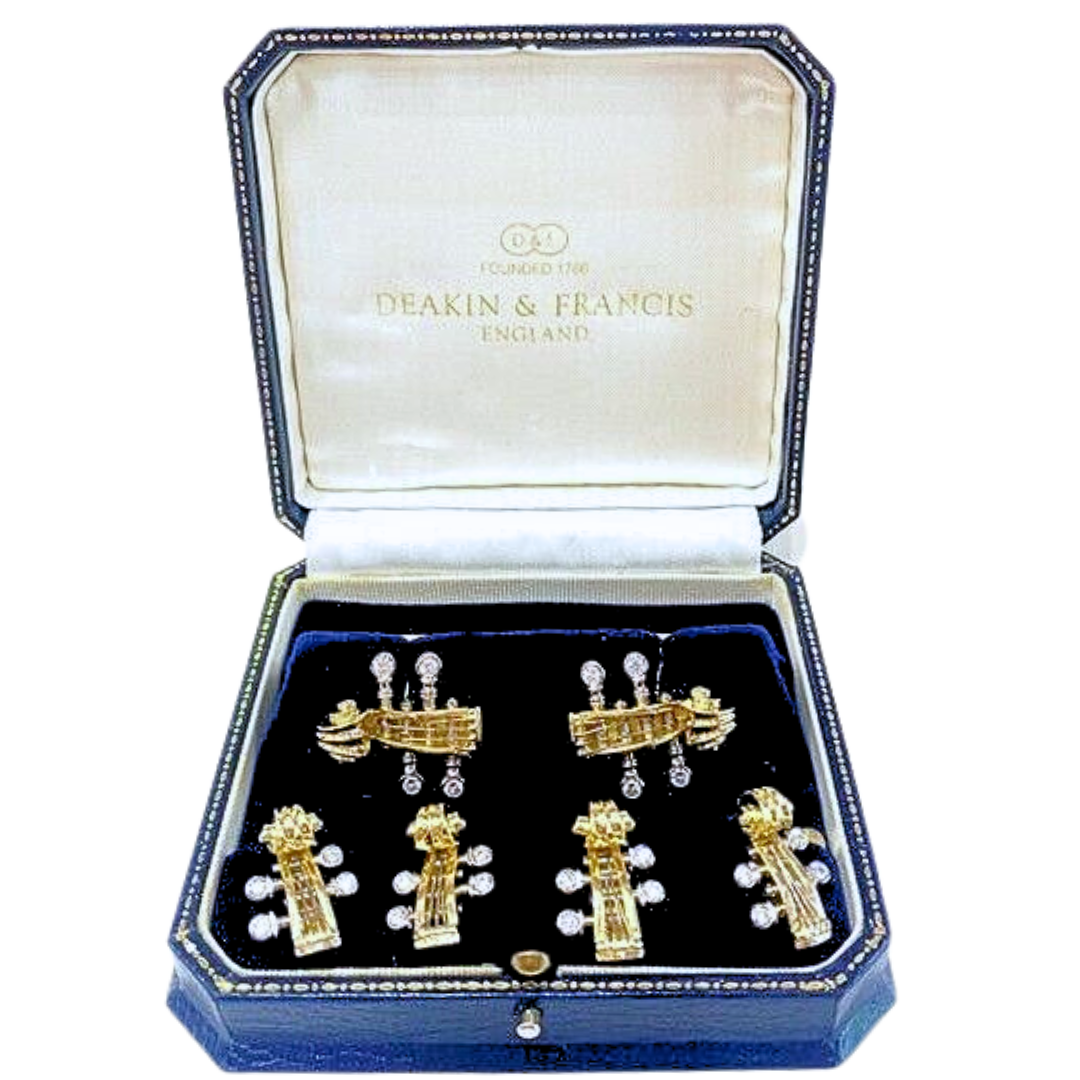 18K Yellow Gold Deakin & Francis Set of Violin/Cello Head Cufflinks & Stub Set