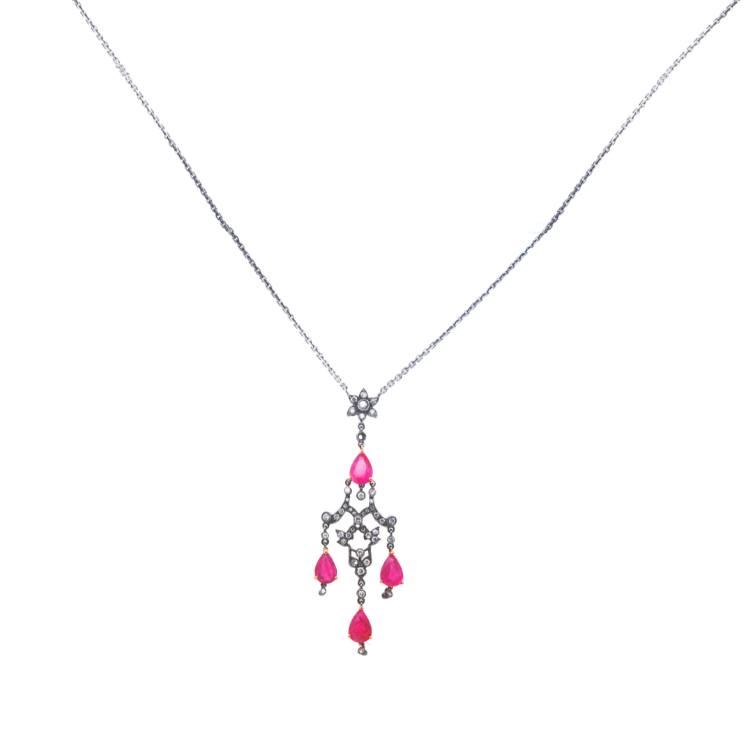 3.40 ctw. Diamonds 4 Red Rubies 18K Gold Black Rhodium 6.9 g 16' inch Necklace