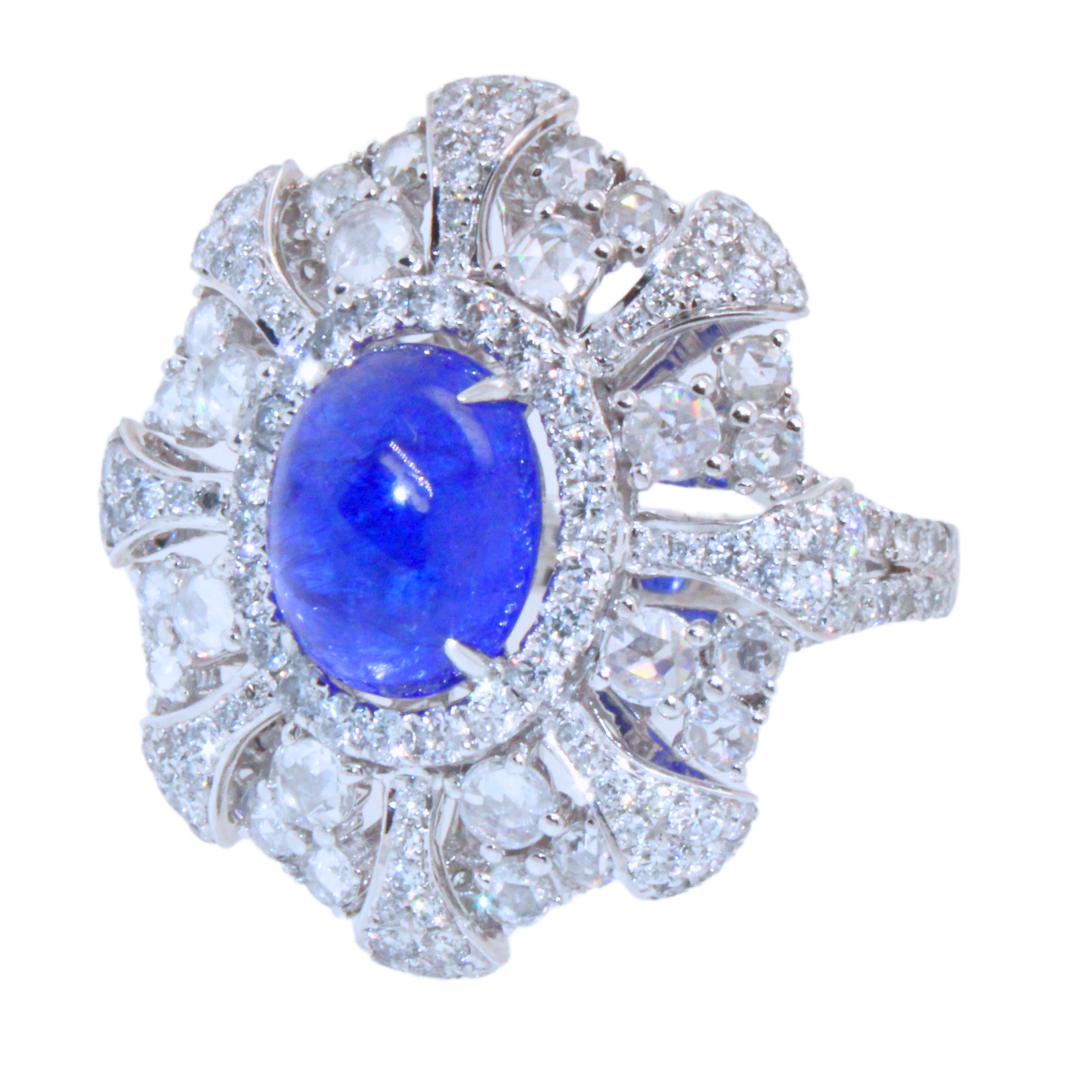 18k White Gold Cabochon Sapphire Diamond Ring