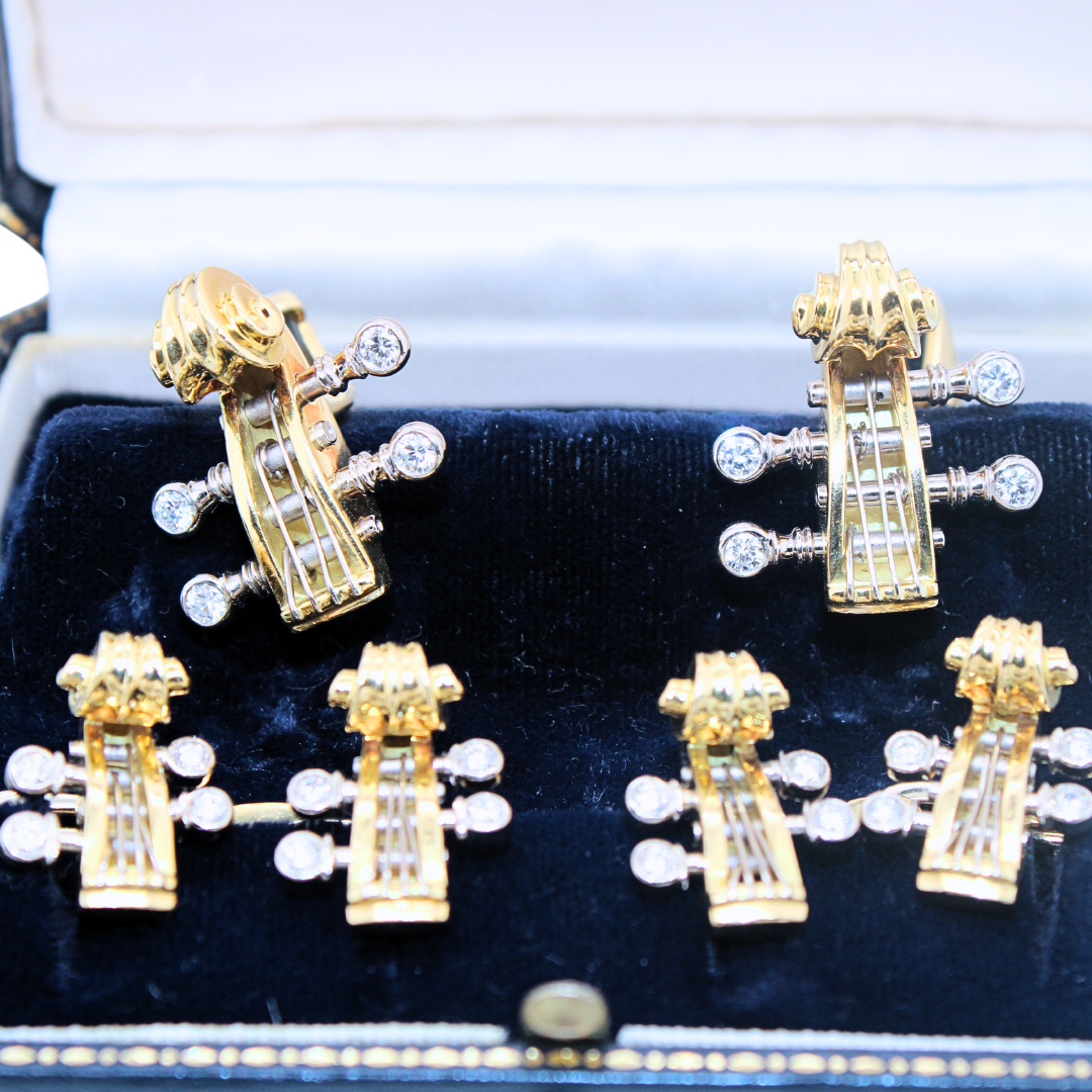 18K Yellow Gold Deakin & Francis Set of Violin/Cello Head Cufflinks & Stub Set