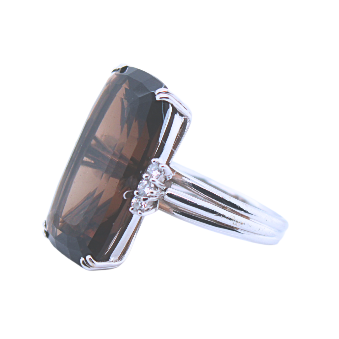 18k White Gold Smoky Topaz Quartz and Diamond Ring 0.20Cts