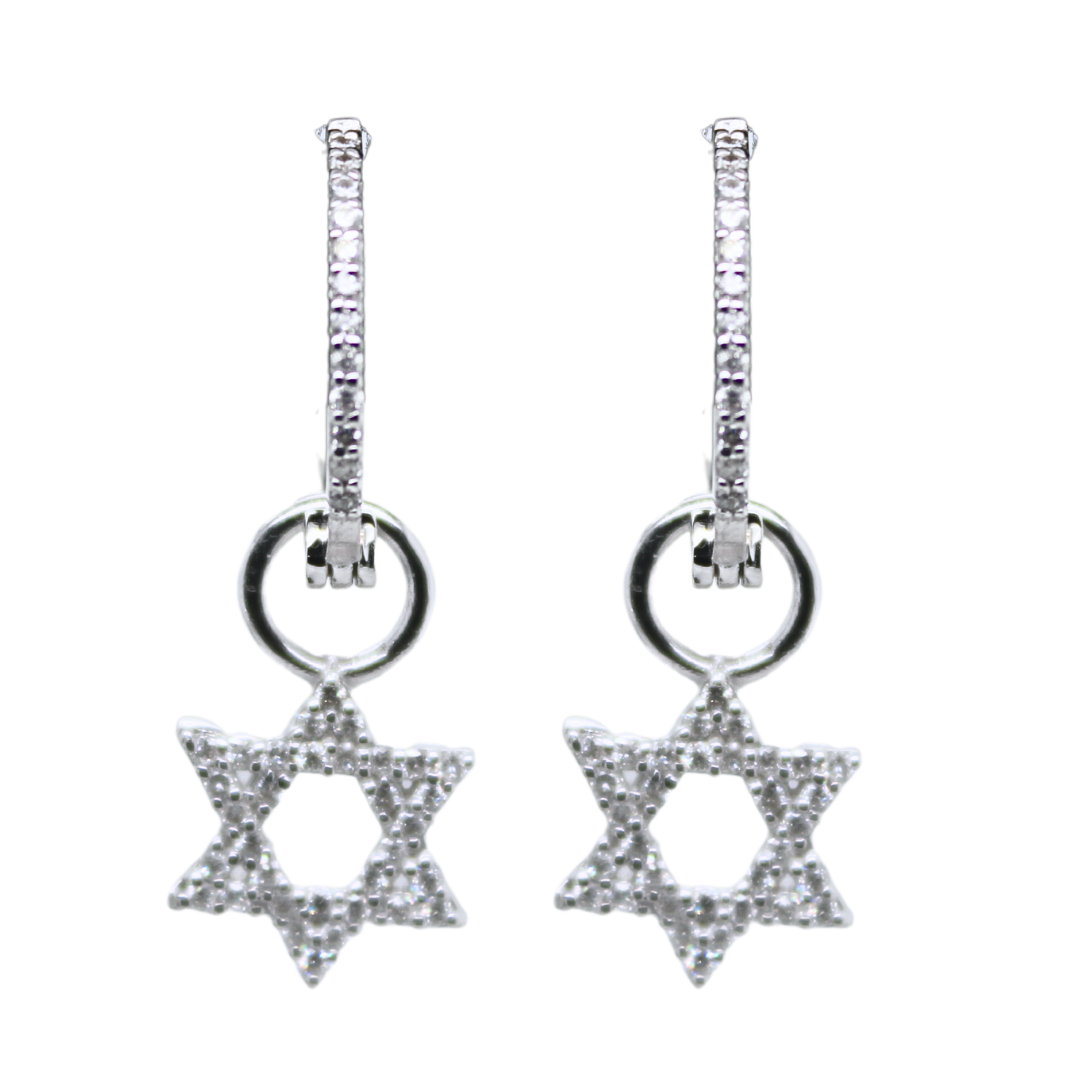 14k White Gold David Star Diamond Huggie Hoop Earrings