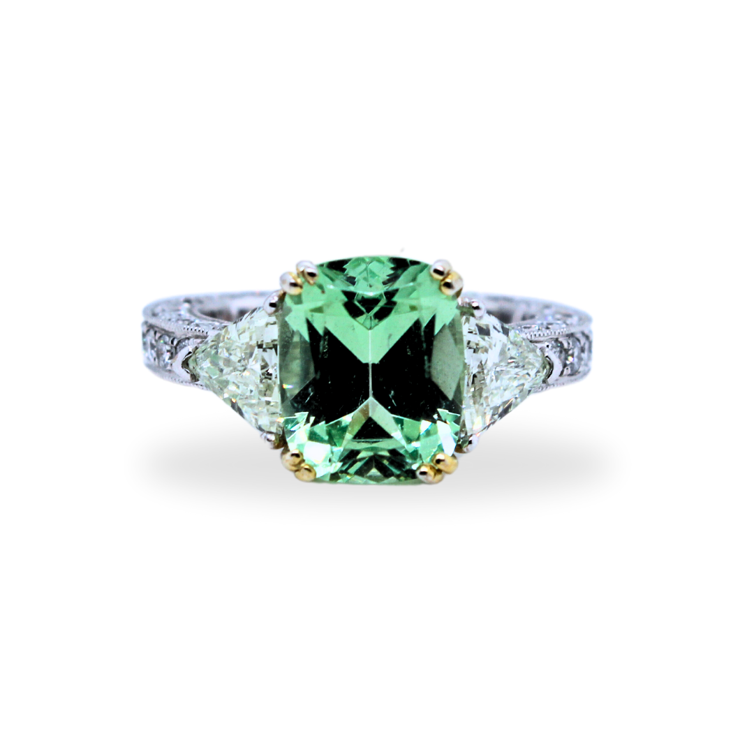 14k White- Yellow Gold 2 Trapezoid Diamond Green Tourmaline Stone Ring