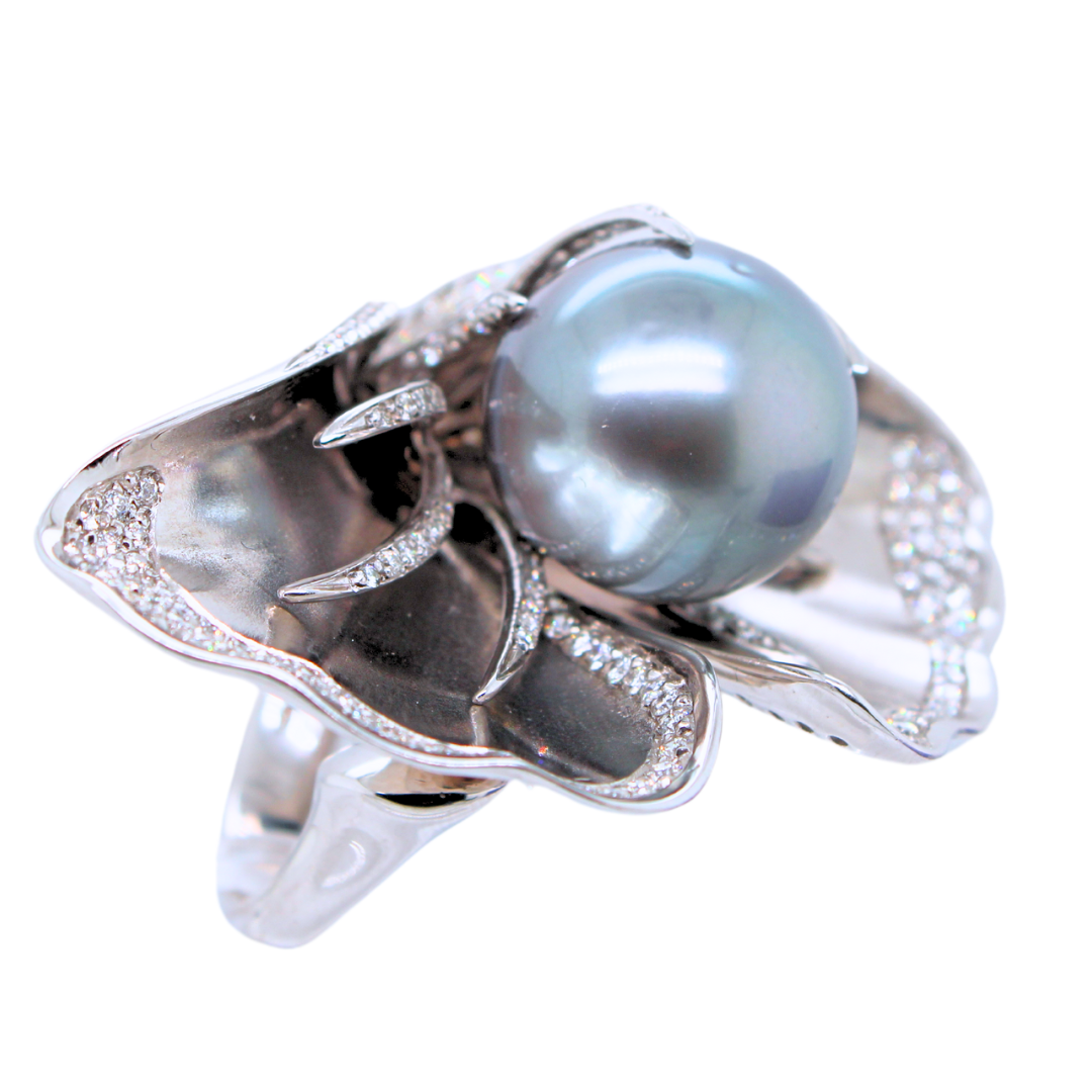 18K White Gold Tahitian Pearl and Diamond Ring 2CTW