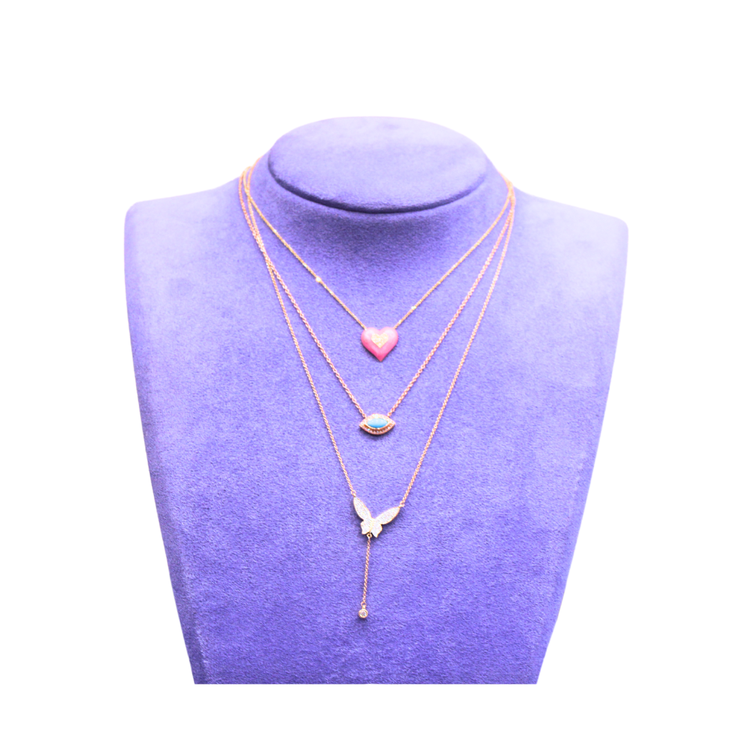 14k Yellow Gold Pink Enamel Heart Necklace