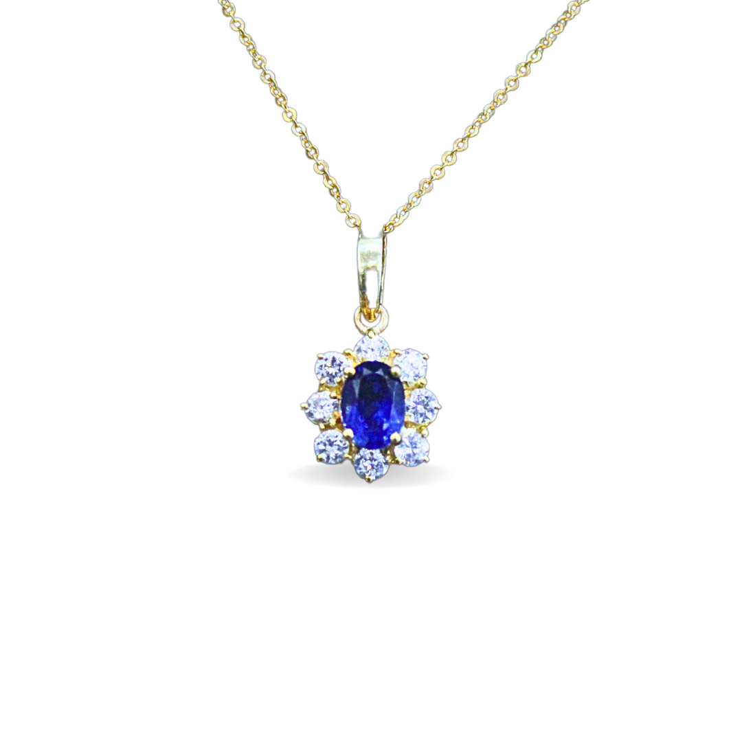 House of Taylor 18k Yellow Gold Royal Blue Sapphire and Diamond Pendant Necklace