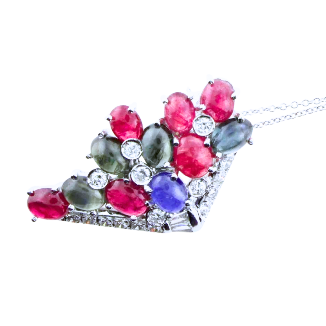 1.25ctw. DIAMOND Cabochon GEM Tutti-Frutti NECKLACE/BROOCH IN WHITE GOLD