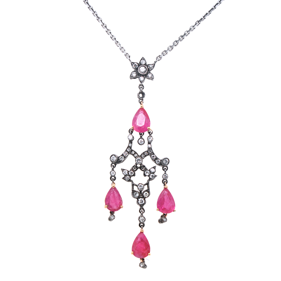 3.40 ctw. Diamonds 4 Red Rubies 18K Gold Black Rhodium 6.9 g 16' inch Necklace