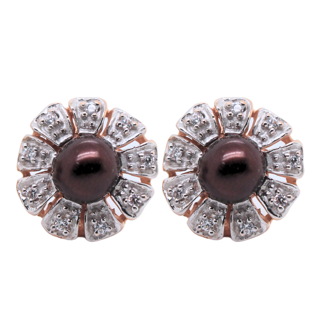 14k Rose Gold, Diamond & Pearl Flower Huggie Earrings 0.20 Tcw.