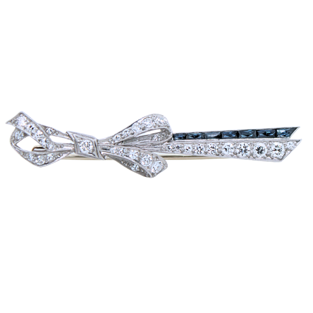 Platinum Ribbon Diamond and Sapphire Brooch