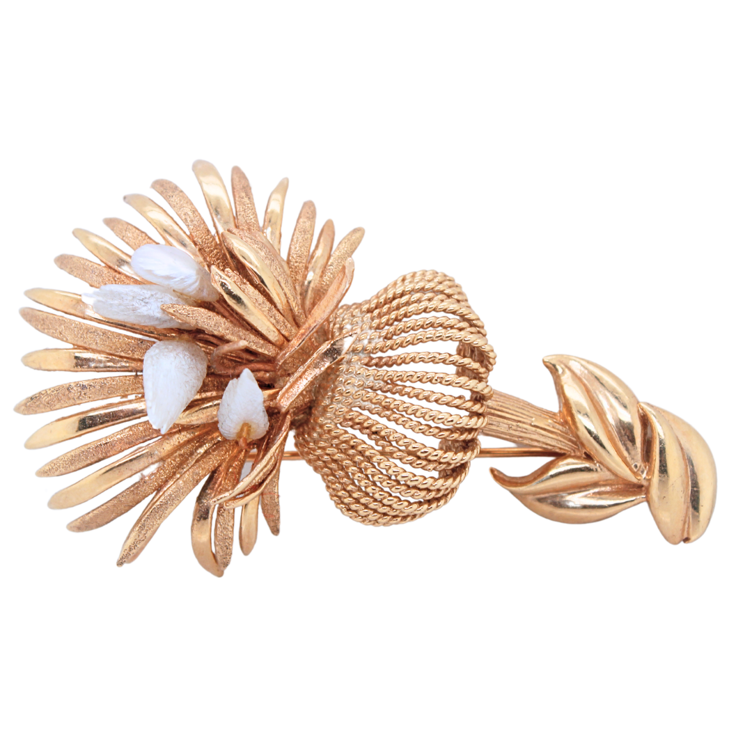 14k Yellow Gold Pearl and Poppy Brooch 16.97g