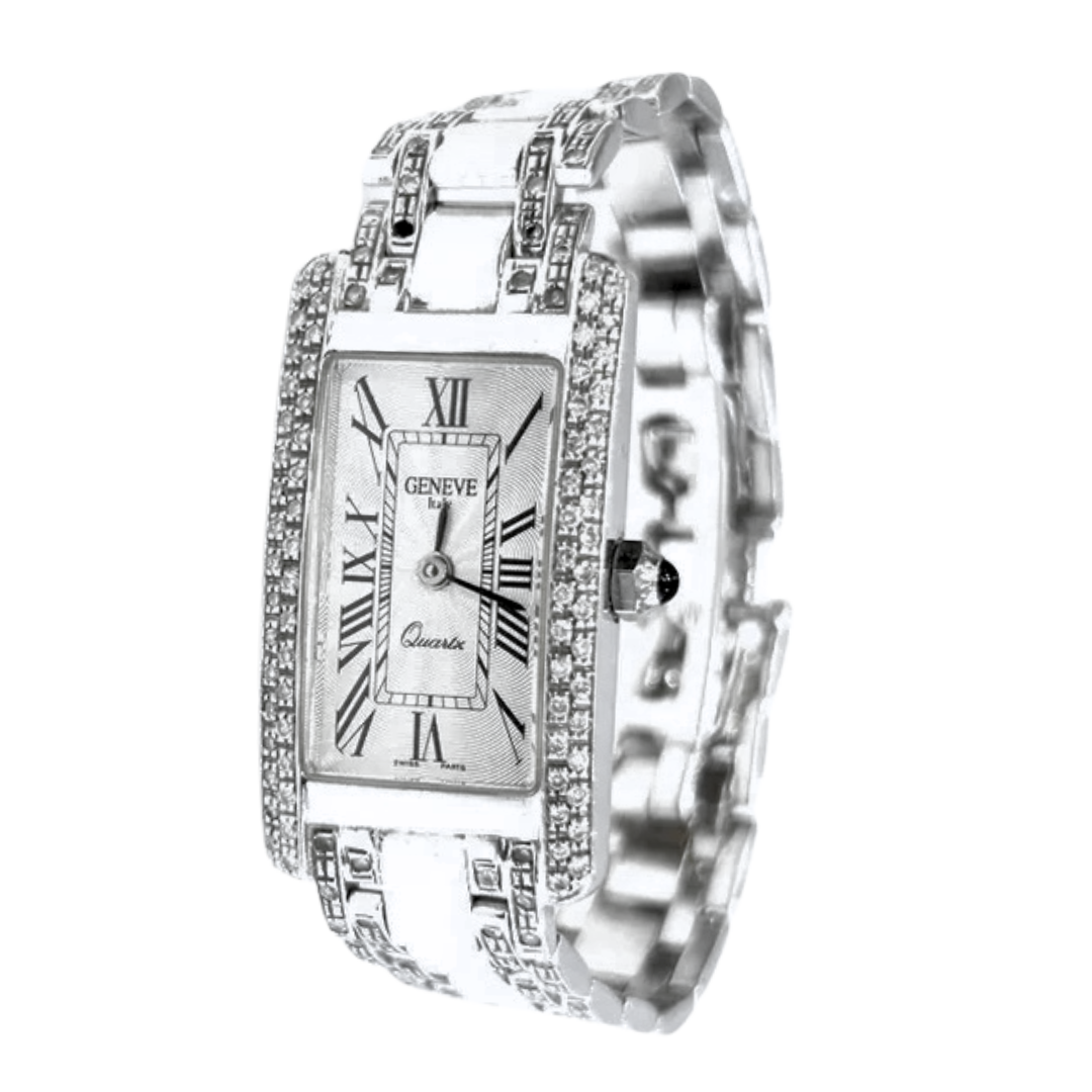 14K White Gold Square Diamond Ladies Geneve Italian American Tank Watch