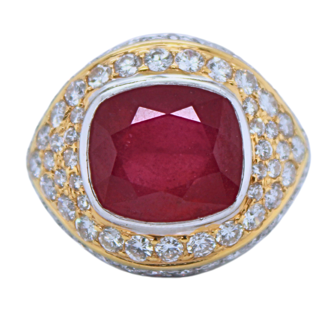 ESTATE 10.30 ctw. RUBY DIAMOND 18k Yellow/White Gold Fashion Ring Size 6.5 10.6g