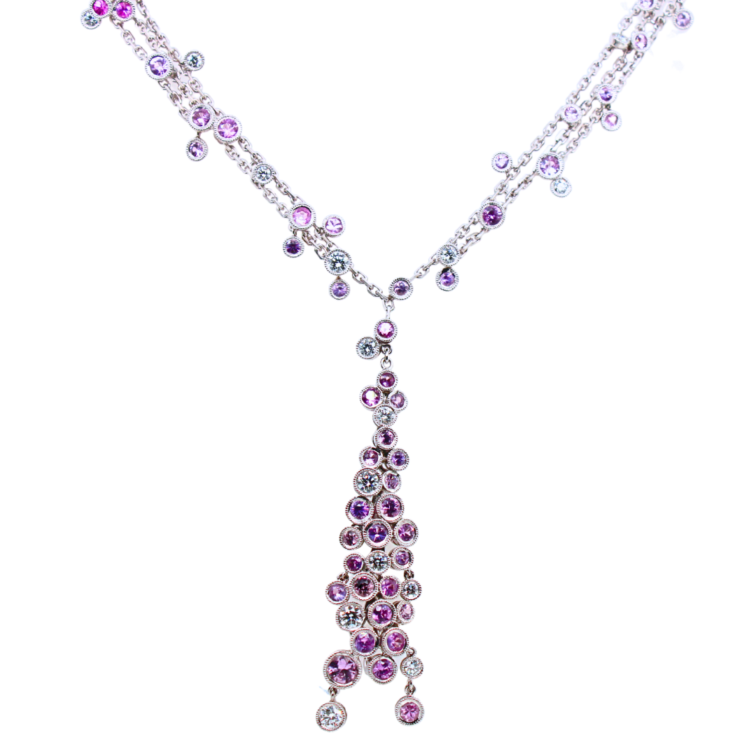 Diamond & Pink Sapphire 14K White Gold 3-Strand Necklace 6.50 Carats
