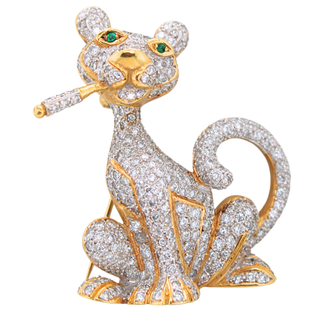 18k Yellow and White Gold Panther Emerald and Diamond Brooch