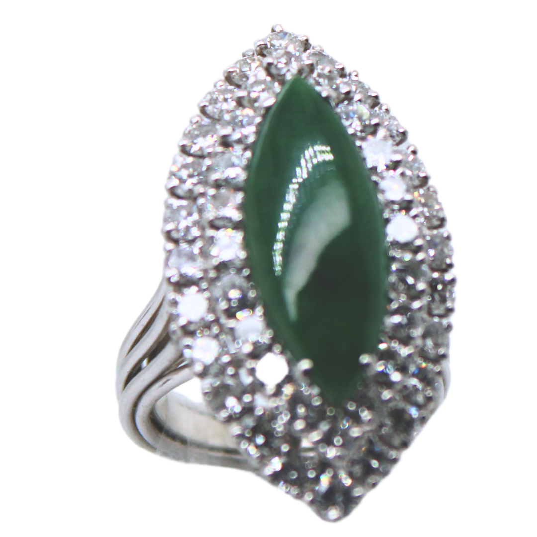 PLATINUM MQ JADE AND DIAMOND RING 1.5CTW