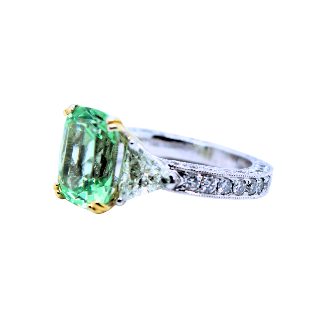 14k White- Yellow Gold 2 Trapezoid Diamond Green Tourmaline Stone Ring