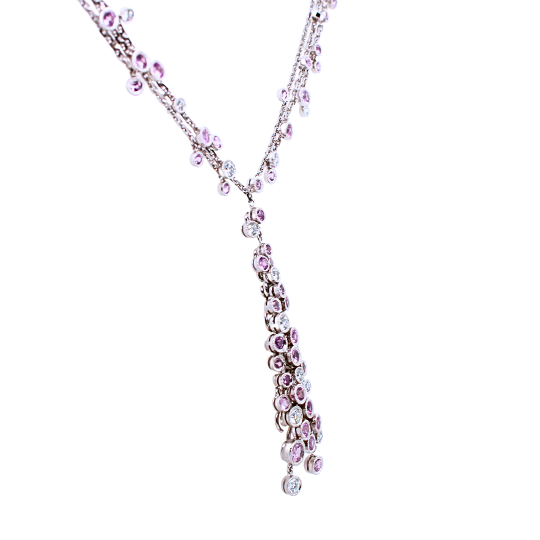 Diamond & Pink Sapphire 14K White Gold 3-Strand Necklace 6.50 Carats