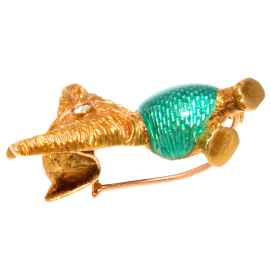 VINTAGE 18K YELLOW GOLD DIAMOND & ENAMEL ELEPHANT BROOCH PIN