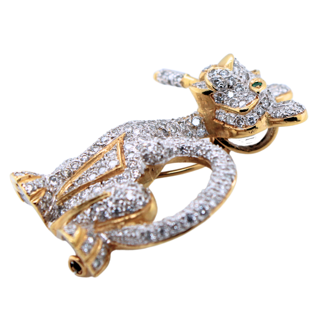 18k Yellow and White Gold Panther Emerald and Diamond Brooch