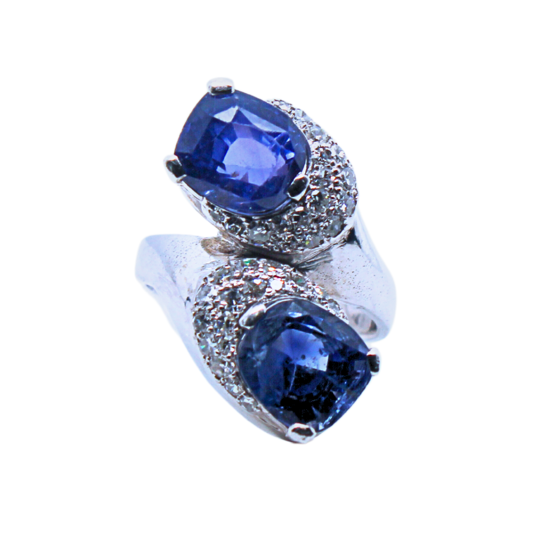 14k White Gold Twin Sapphire Diamond Ring