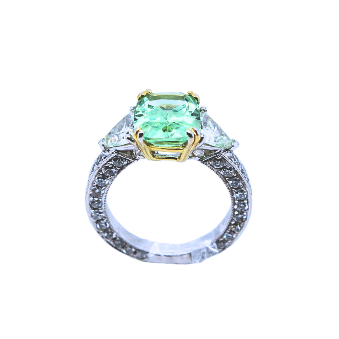 14k White- Yellow Gold 2 Trapezoid Diamond Green Tourmaline Stone Ring