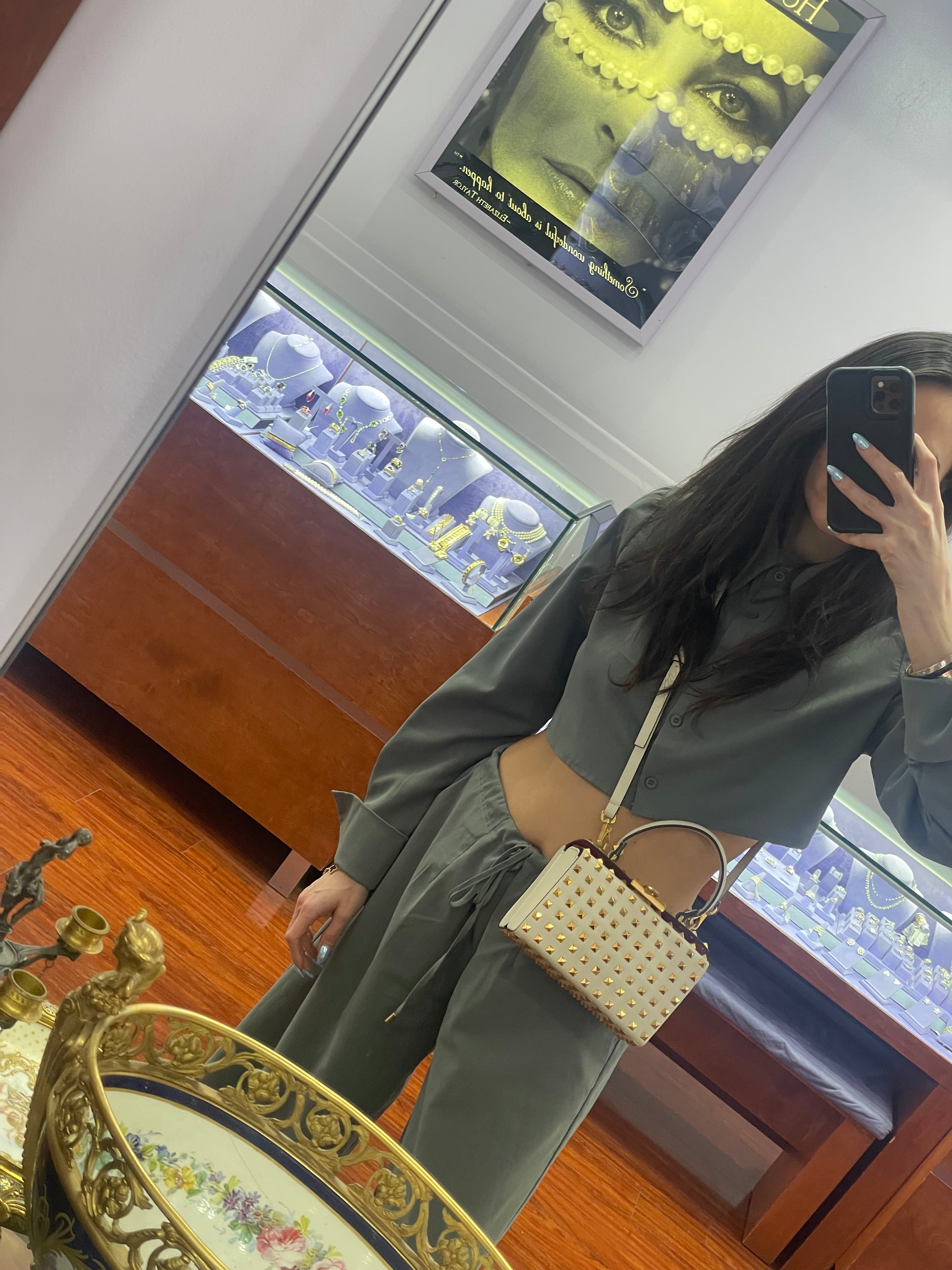 Valentino Off White Leather Rockstud Alcove Top Handle Bag With Strap