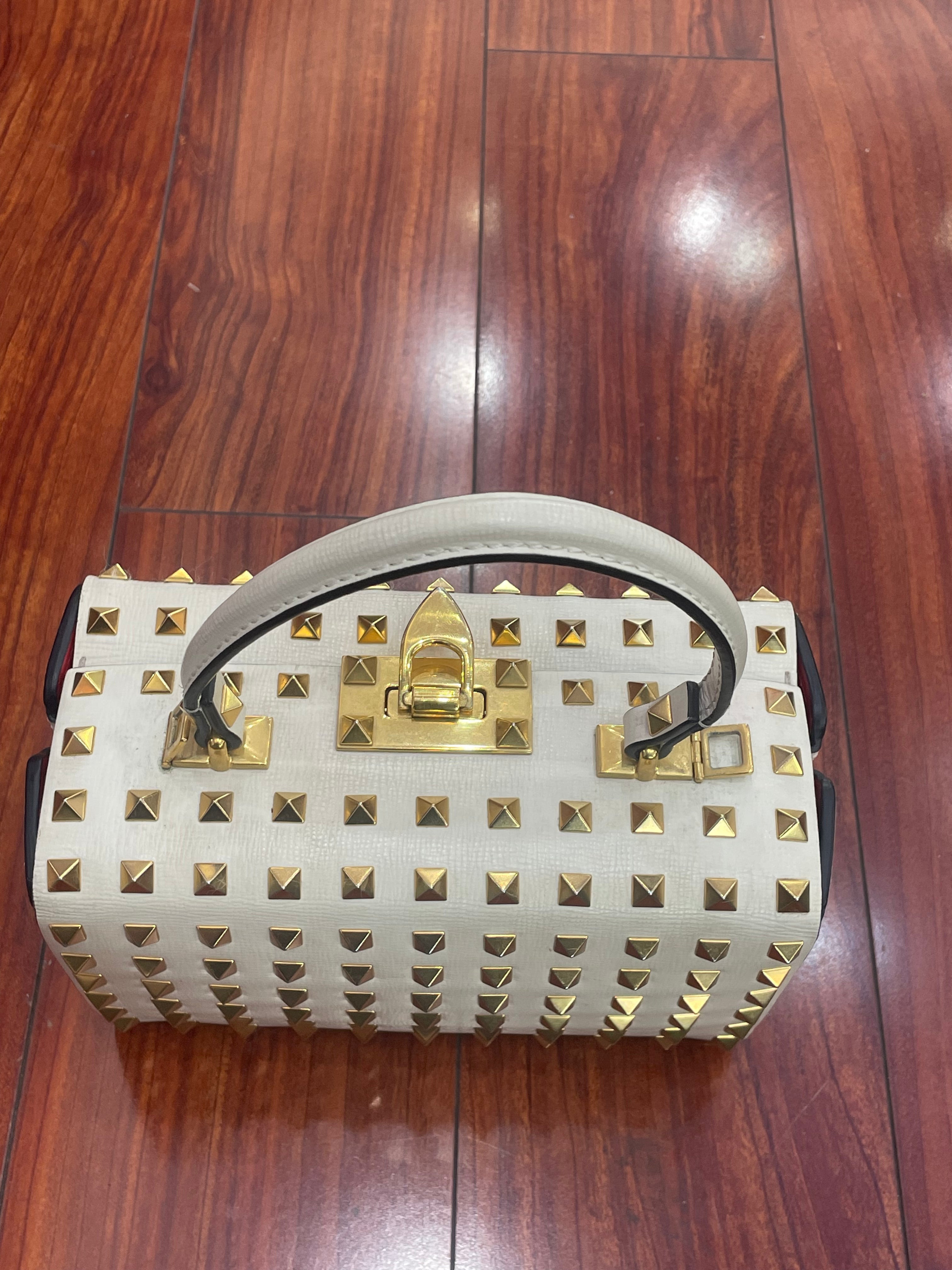 Valentino Off White Leather Rockstud Alcove Top Handle Bag With Strap