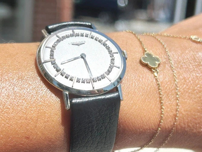 14K White Gold Longines Diamond String Dial Watch