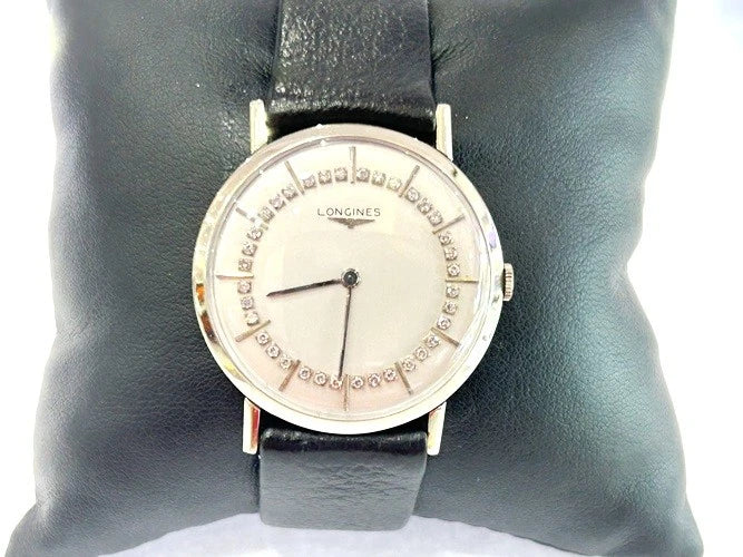14K White Gold Longines Diamond String Dial Watch