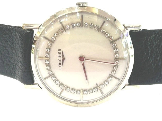 14K White Gold Longines Diamond String Dial Watch