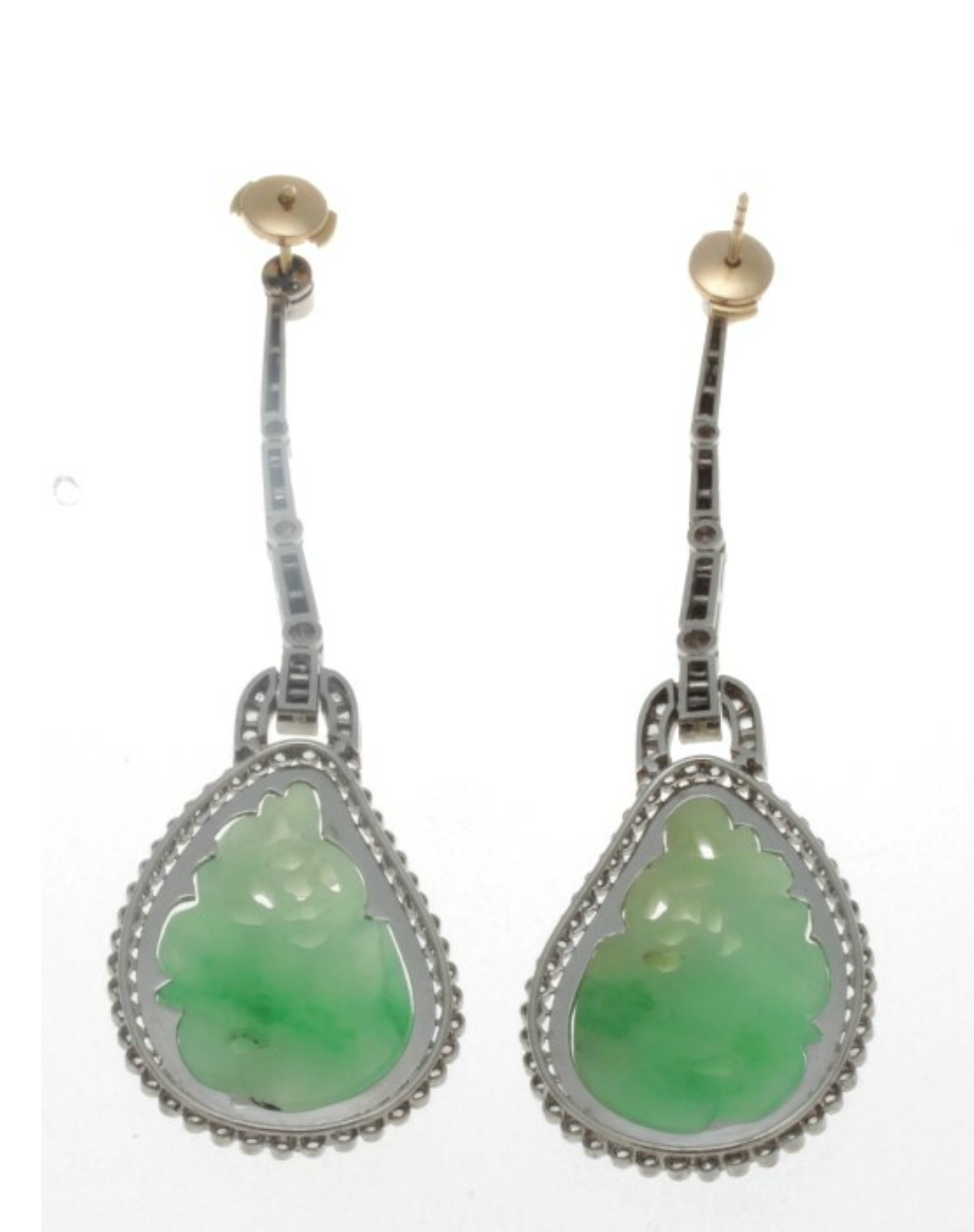 Art-Deco Carved Jade - Diamond & Onyx Platinum Drop Earrings 2.25 Ctw.