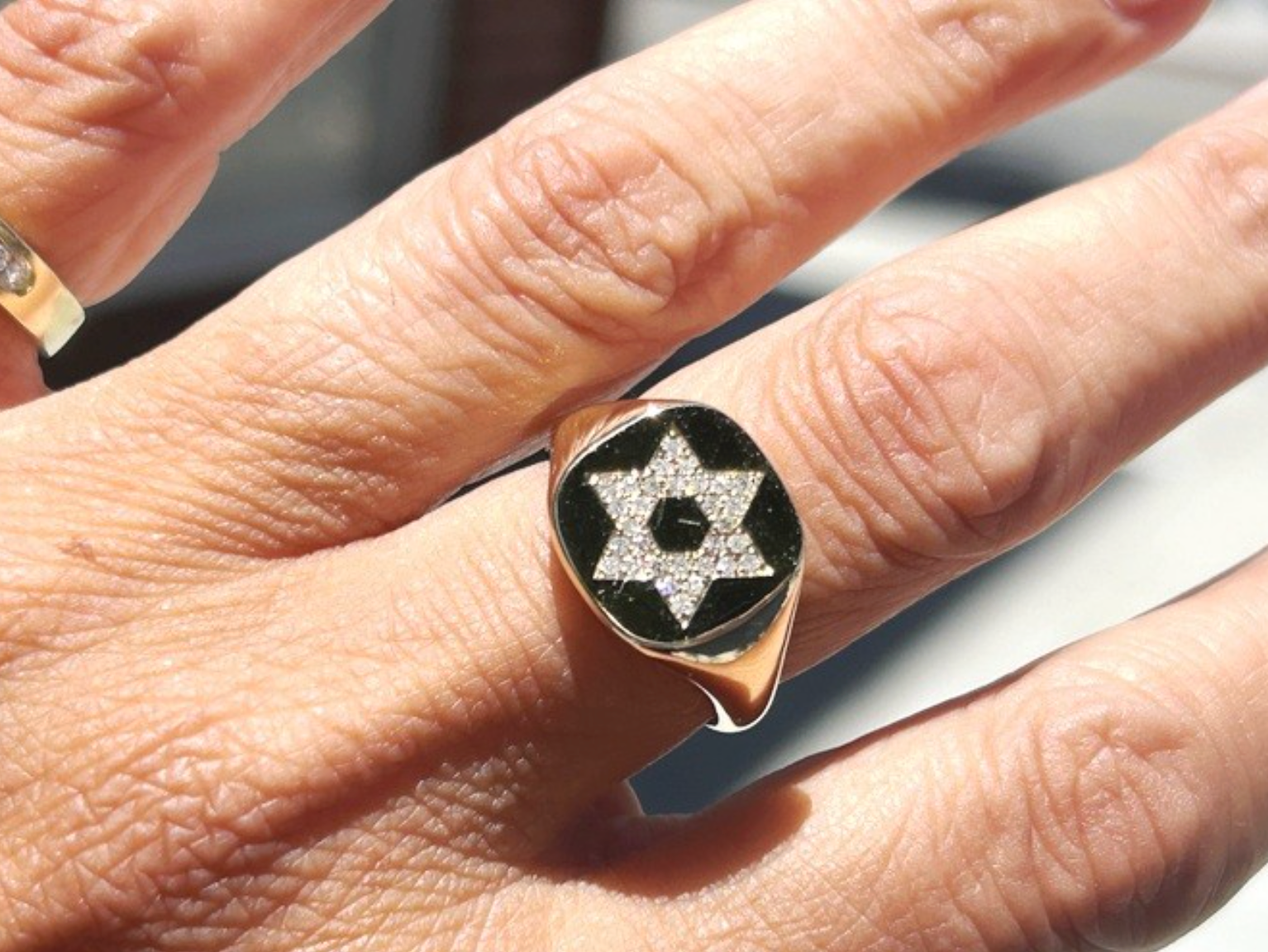 14K Yellow Gold Star of David Diamond Signet Ring 0.16 Carats