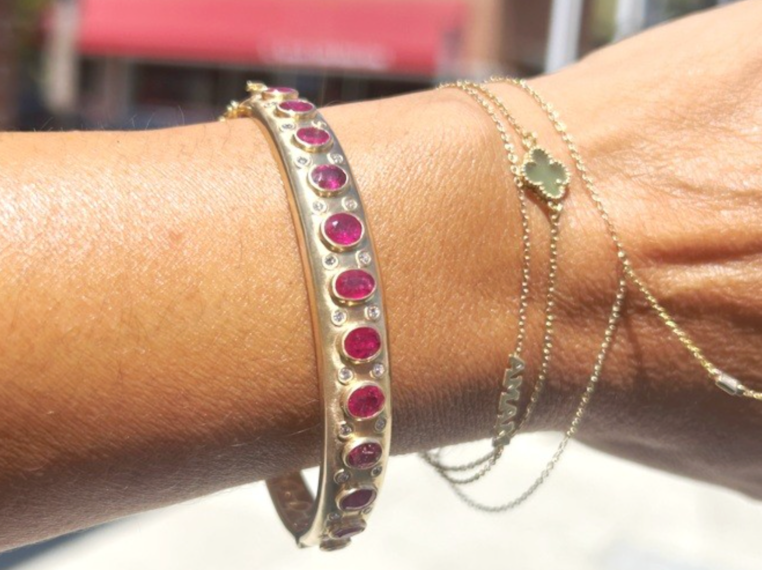 14K Yellow Gold Ruby & Diamond Bangle Bracelet 4.25 Carat Total Weight Luxury Jewels of Beverly Hills