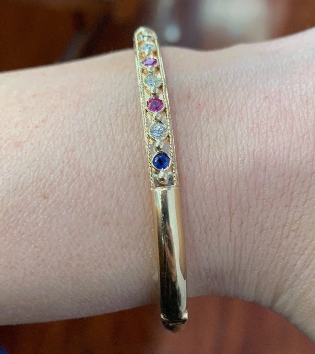 14K Yellow Gold, Diamond, Ruby & Sapphire Bangle 0.24 Tcw. 6.5' Inches 11.19g