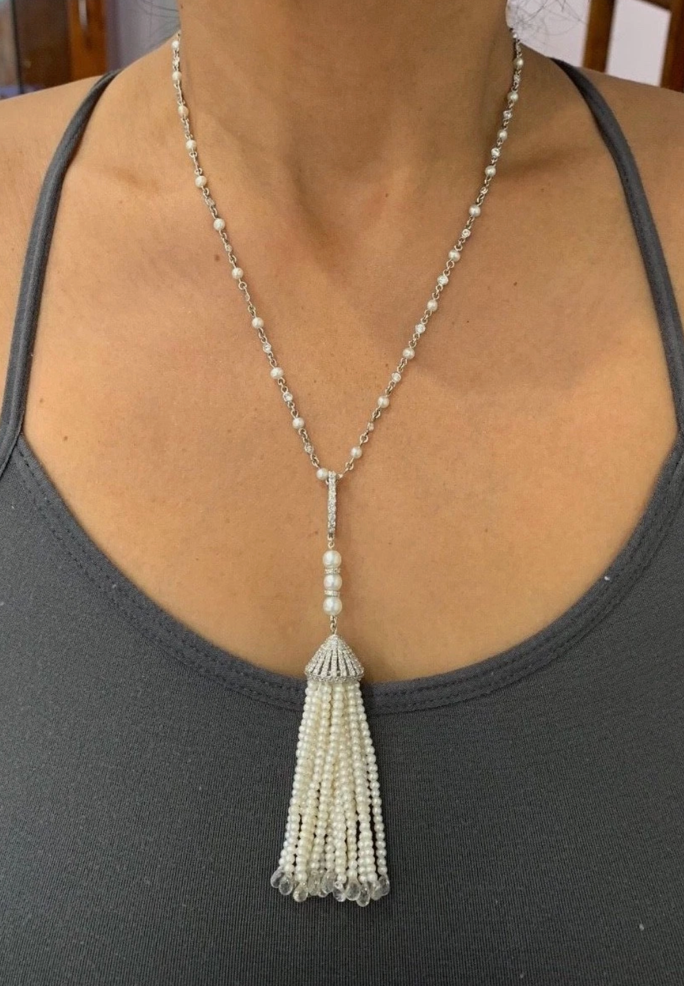 18K White Gold, Diamond, Briolette Sapphire & Pearl Tassle Necklace 11.17 Tcw.